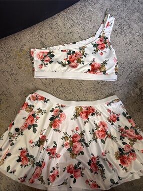 White Floral One-Shoulder Top & Skirt Set